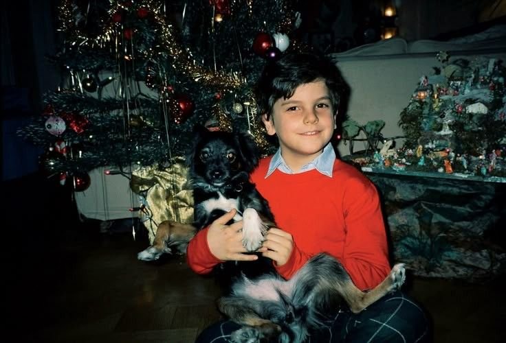 Carlo Acutis enfant, son chien dans les bras, devant le sapin de Noël et la crèche