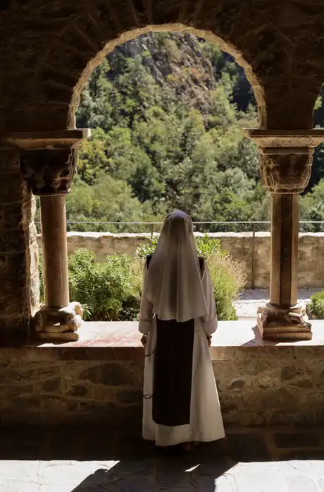 Religieuse sous les arcades du cloître de l'Abbaye Saint-Martin du Canigou