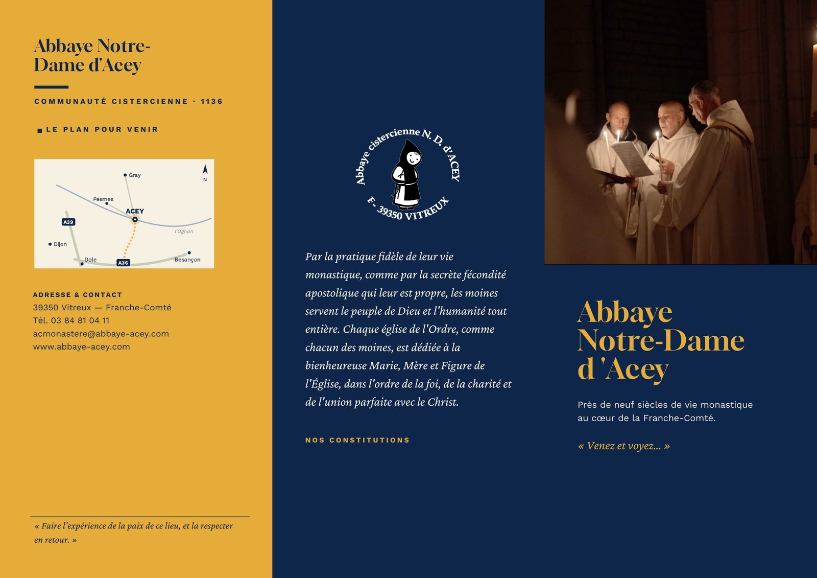 Face extérieure du flyer d’Acey : plan d’accès, citation des constitutions et couverture