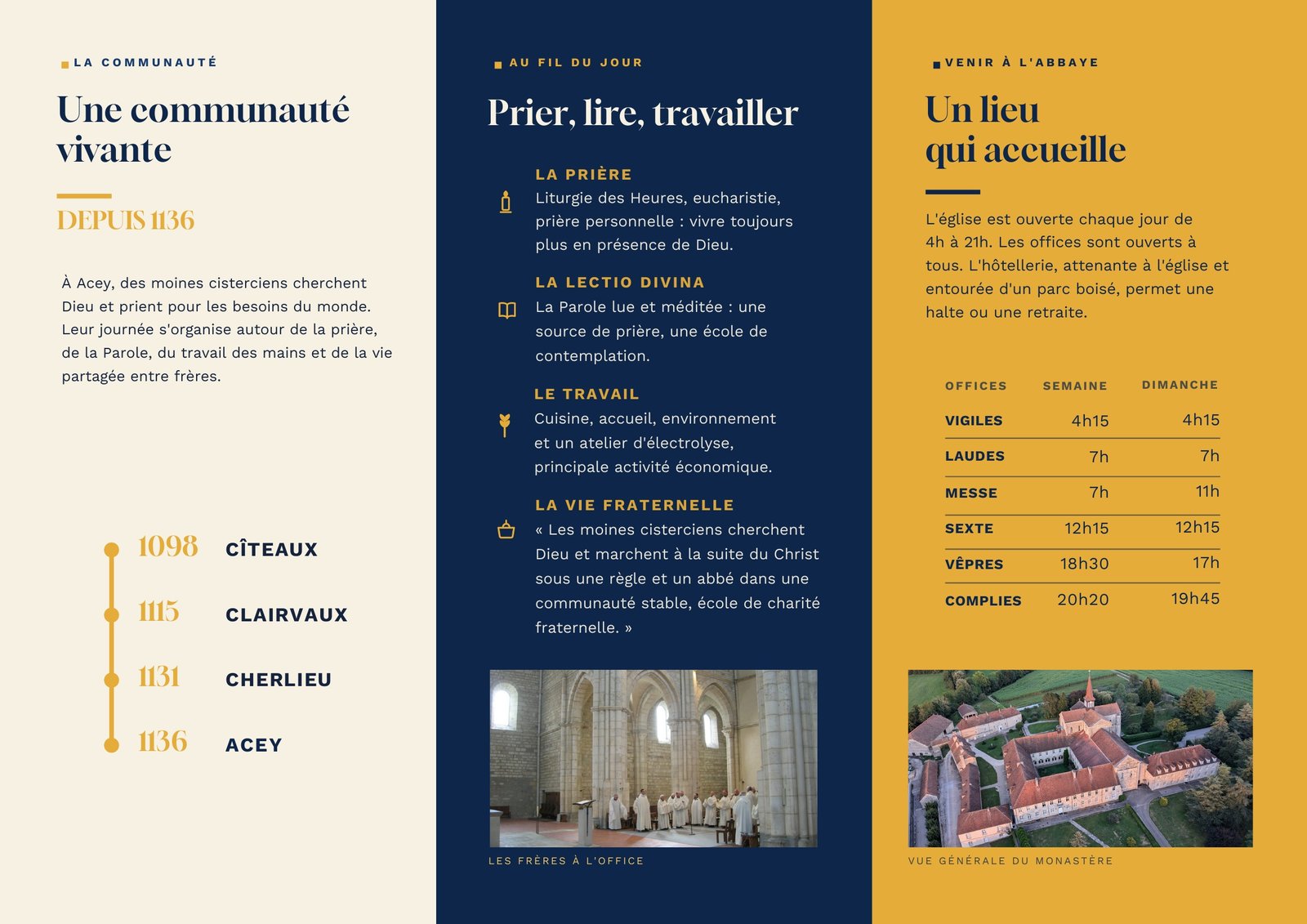 Face intérieure du flyer : histoire de la communauté, prière, lecture, travail et accueil à l’abbaye